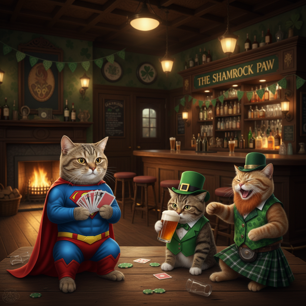 Superman cat playing cards in an Irish pub